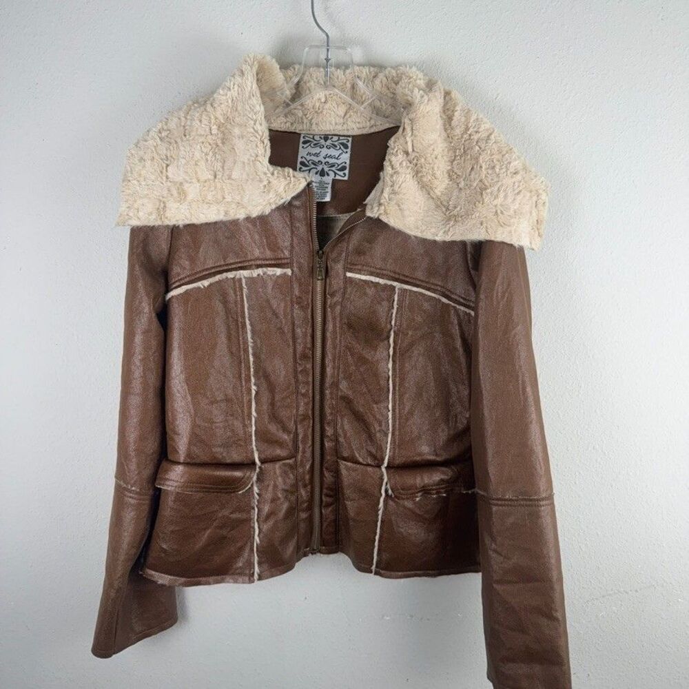 Y2K Wet Seal L Sherpa Lined Jacket Brown Faux Leather Fur Trim Biker Moto Goth